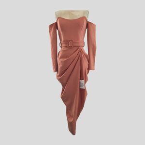 Asos Tan Off Shoulder Retro 40s Draped Midi Stretch Formal Cocktail Dress NWT 4